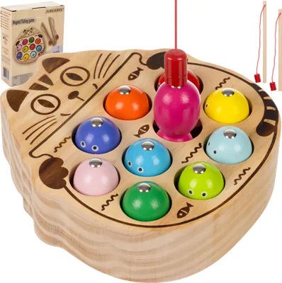 A wooden magnetic fishing game shaped like a cat's head, with colorful fish pieces to catch.