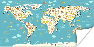 Produktbild von MuchoWow® Poster Weltkarte Kinder - Blau - Tiere 160x80 cm - Foto Poster