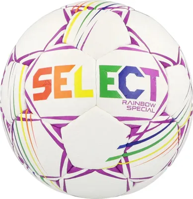A white soccer ball with rainbow-colored accents and the brand name "SELECT" printed on it.