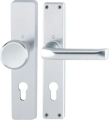 A silver door handle set with a knob and lever on a white background.