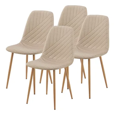 Four light brown dining chairs are arranged in a group against a white background.