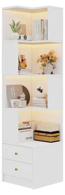 Produktbild von AIORBER Eckregal mit LED Beleuchtung App Steuerung Modernes Bücherregal Standregal L-Form Platzsparend mit 2 Schubladen 4 Ebenen, Weiß