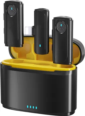 Obrázok produktu pre Bezdrôtový mikrofónový systém s 1 prijímačom + 2 vysielačmi + 1 nabíjacou stanicou, dosah prenosu 20 m, integrovaná náhradná batéria pre iPhone 14/13/12/11, živé vysielanie, rozhovory, vlog