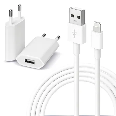 A white USB-A charging adapter and a white USB-A to Lightning cable are displayed against a white background.
