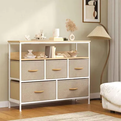 Produktbild von Zimilo Kommode mit 5 Stoffschubladen & Offener Ablage, Robuster Metallrahmen Sideboard TV Lowboard für Wohnzimmer Schlafzimmer Flur, Eiche/Weiß