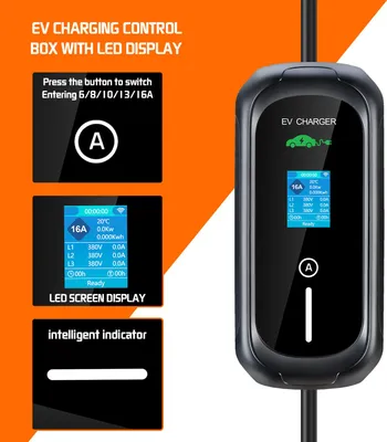 Imagen del producto de Cargador portátil para vehículos eléctricos, 11 kW, con conector Tipo 2, cable de 10 metros de TPU, control mediante aplicación móvil e carcasa IP66