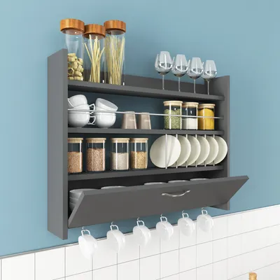 A gray kitchen shelf unit mounted on a light blue wall, filled with various kitchenware.