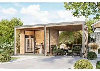 Produktbild von Gartenhaus Karibu Kaspi A Blech grau inkl. Fußboden, Terrasse, Unterkonstruktion, Vordach, Anbaudach 539,5 x 276 cm natu