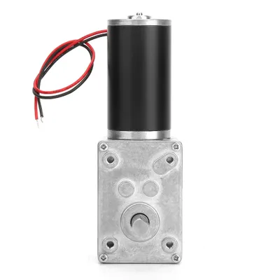 A close-up, studio shot of a geared DC motor.