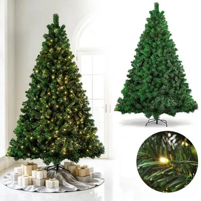 Zdjęcie produktu dla Sztuczne drzewko bożonarodzeniowe Eikuavons, wysokość 210 cm, wyposażone w 400 ciepłobiałych diod LED, 1200 ozdób, wykonane z materiału imitującego jodłę, z metalową podstawą, idealne do salonu