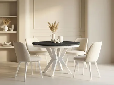 Produktbild von Runder Ausziehbarer Esstisch im Loft-Stil - Industrieller Tisch in Schwarzer Marmoroptik mit Weißen Metallbeinen - Platzsparender Tisch für Wohnzimmer - Marmor Schwarz - 100 bis 180 cm