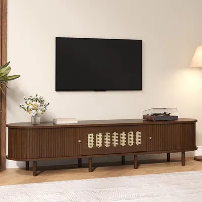 Produktbild von Merax TV-Schrank mit Rattan-Design, TV-Ständer mit 2 Rollladentüren und 1 Klapptür, TV Lowboard mit 5 geschlossene Aufbewahrungszonen, Walnuss