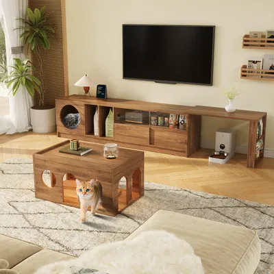Produktbild von STILVORA TV-Lowboard mit Haustierbereich,TV-Schrank ausziehbar mit Katzenruheraum,Fernsehschrank mit Glasschiebetüren,Nussbaum