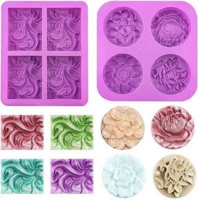 Produktbild von Unyqoos® Silikon-Seifenform-Set – 2 Gießformen (gewellte Rechtecke & Blumenmotive), hitzebeständig -40°C–220°C, antihaft, spülmaschinenfest, für Seife, Kerzen, Schokolade & Harz