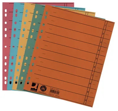 Zdjęcie produktu dla Q-Connect® KF00642 Arkusze dzielące, jednokolorowe - A4 bardzo szerokie, różne (5 kolorów), 100 sztuk (5x20)
