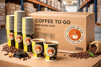 Produktbild von PACKEO Coffee-to-go-Becher Kaffeebecher To Go 200 ml (8 oz) | Pappbecher für Heißgetränke, Gelb/Schwarz - 1000 Stück