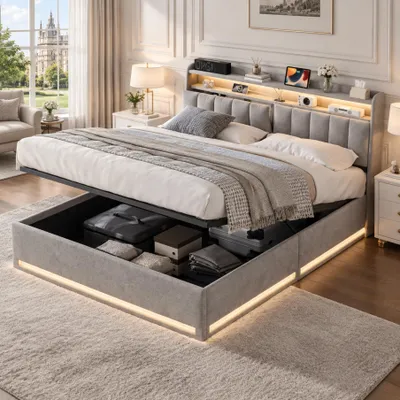 Produktbild von INONEFT Polsterbett 140 x 200 cm, Doppelbett mit LED und USB, Hydraulisches Bett mit Stauraum und Lattenrost, Erwachsenenbett, Samt, Grau