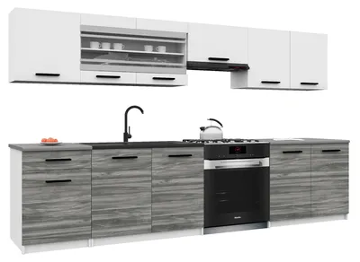 Produktbild von Belini Moderne Küchenzeile Küchenblock ITALIA 4 - Küchenmöbel 260cm Weiß-Grau Glamour Matt - Einbauküche mit Hängeschränke, Unterschränke & Arbeitsplatten