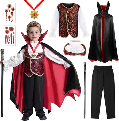 Immagine prodotto di Costume da vampiro per bambini, con denti da vampiro intercambiabili, taglie per bambini, ideale per Halloween