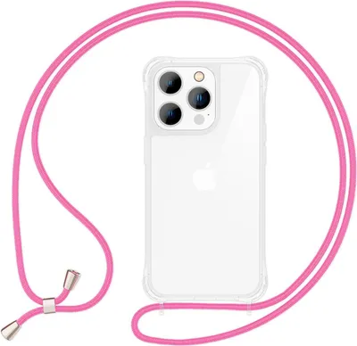 Image de Étui avec chaîne pour iPhone 14 Pro Max - Étui transparent pour téléphone portable avec cordon à porter autour du cou Rose