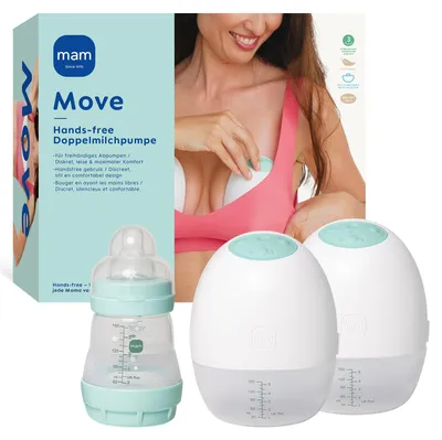 Produktbild von MAM Move Doppelmilchpumpe | Handsfree Milchpumpe ohne Schläuche oder Kabel | passt dank ihres schlanken Designs in jeden BH | elektrische Milchpumpe mit 3 Modi für effizientes & diskretes Abpumpen