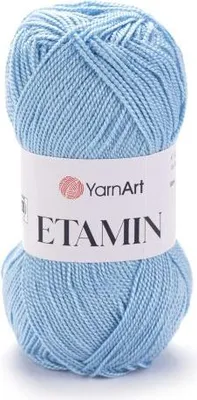 A ball of light blue yarn with a label.