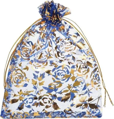 Obrázok produktu pre Organzové vrecúška, 100 ks, 13 x 18 cm – darčekové vrecúška s kvetinovým vzorom – vrecúška so šnúrkou – darčekové vrecúška na svadbu, slávnosti, Vianoce – cukrovinky, modro-zlaté