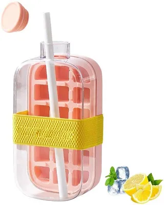 Produktbild von Ibenzoa® Silikon-Eiswürfelform mit Deckel & Strohhalm – 18 quadratische Eiswürfel, 2‑in‑1 Trinkflasche, BPA‑frei (lebensmittelechtes Silikon & PP)
