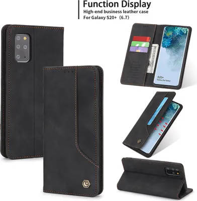 Collage of images showing a black leather phone case for a Samsung Galaxy S20+.