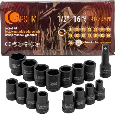 Obrázok produktu pre Sada nástrčných kľúčov pre rázové skrutkovače, 1/2", 8-27 mm, 6-hranné