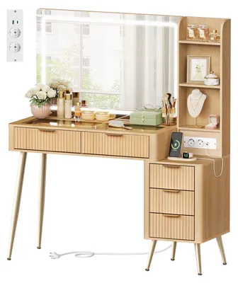 Produktbild von WOLTU Schminktisch mit Beleuchtung, transparenter Glasplatte, Steckdosenleiste, Gelbe Holzoptik