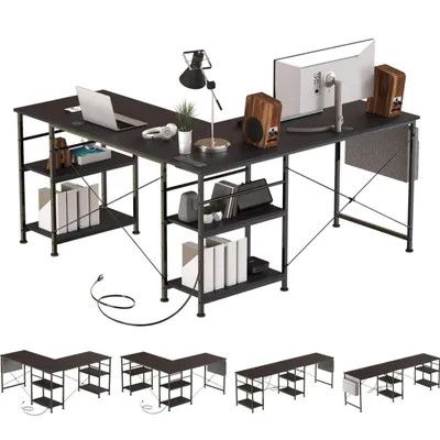 Obrázek produktu pro Stůl AIORBER Rohový stůl Počítačový stůl ve tvaru písmene L, s oboustrannou deskou, se zásuvkou EU, 140x140x74 cm, černý