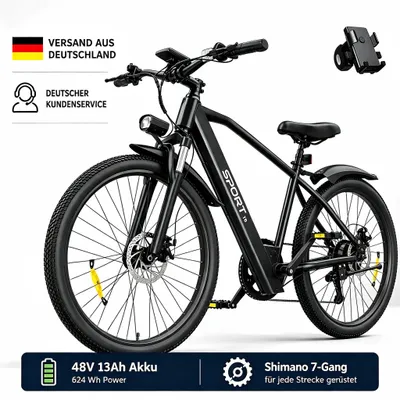 Produktbild von PiXELPiLOT T8S E Bike, Trekking E-Bikes Doppelte Federung, 250W Pedelec, 48V 13Ah Akku, Shimano 7-Gang, LED-Licht, LCD Display