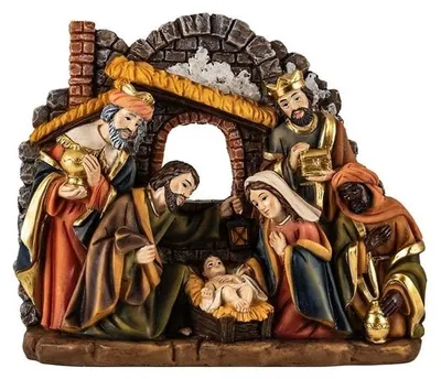 Geburt Jesu mit Portal und Königen, Harz, handbemalt, 16x5x14 cm