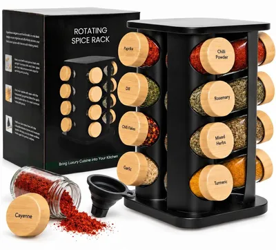 Produktbild von Drehbares Gewürzregal Kräuterregal Gewürzständer - 16 Gläser - Bambusdeckel - Schwarz - Für die Küche