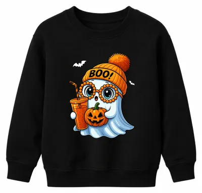 Produktbild von Halloween BOO Geist Kürbis Pumpkin Spice Oktober Kinder Sweatshirt Pullover, Schwarz, 152