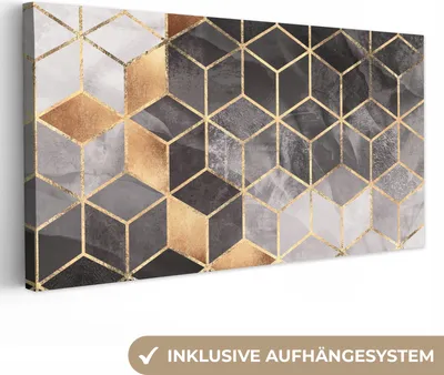 Produktbild von MuchoWow® - Leinwandbilder - Abstrakt - Würfel - Gold - Muster - Schwarz - Weiß, Wandbild, Wanddeko Bilder Wohnzimmer, 80x40 cm