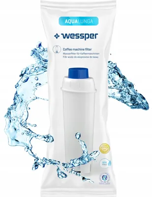 A coffee machine filter in its packaging, with water splashes around it.