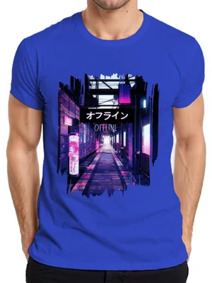 Obrázek produktu pro オフライン OFFLINE Cyberpunk Neon Anime Vaporwave Aesthetics Japan Retro Pánské tričko, modrá, S