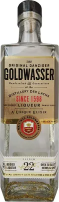 A clear, well-lit product shot of a bottle of Danziger Goldwasser liqueur.