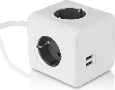 A white cube-shaped power strip with multiple outlets and USB ports, shown from a diagonal angle against a white background.