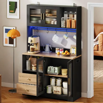 Produktbild von Merax Küchenschrank mit LED, Hochschrank mit Steckdose, Vitrine mit Glastüren, Küchenregal mit verstärkte Arbeitsplatte,Weinregal in Holzoptik,Schwarz