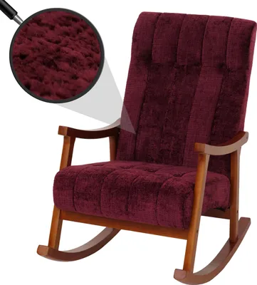 A burgundy rocking chair with a wooden frame, shown against a white background. A magnified inset shows the texture of the fabric.