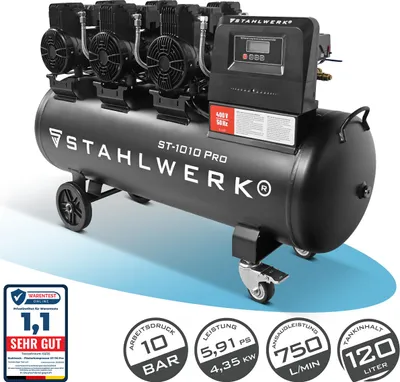 Produktbild von STAHLWERK Kompressor mit 120 L Tank (ST-1010 Pro) – ölfrei, 10 bar, Silent-Druckluftkompressor mit Brushless-Motoren, 5,91 PS, 4,35 kW, 750 l/min