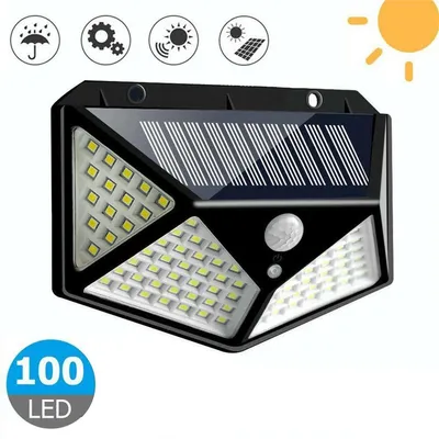 A solar-powered outdoor light with motion sensor and multiple LEDs, presented with icons indicating its features.
