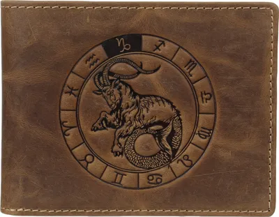 Produktbild von Greenburry Geldbörse Herren Leder braun antik Vintage mit Sternzeichen Motiv STEINBOCK Prägung Portemonnaie 12,5 x 9,5cm