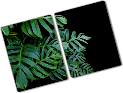 Produktbild von Tulup Glas Herdabdeckplatte - 2x40x52 cm - Glaskeramikkochfeld-Abdeckung Spritzschutz Glasabdeckplatte Kochplattenabdeckung und Schneidebrett - Zweiteilig - Blumen & Pflanzen - Monstera - Grün