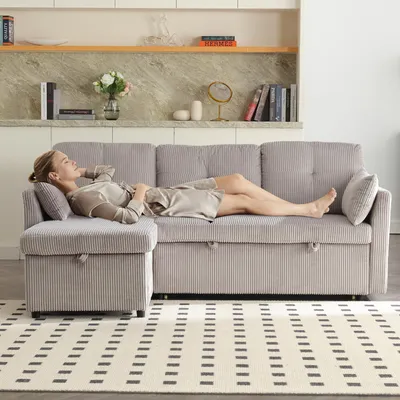 Produktbild von Modulares Schlafsofa mit Ausziehbett, L-förmige Schlafsofas, Chaiselongue-Schlafsofa, 3-Sitzer-Cord-Schlafsofa mit Stauraumsitzen, Hellgrau