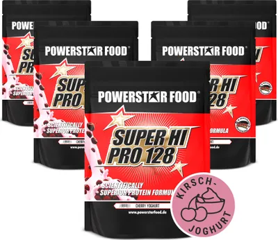 Produktbild von Powerstar SUPER HI PRO 128 | Mehrkomponenten Protein-Pulver 5x1kg | Höchste Biologische Wertigkeit | Protein-Shake zum Muskelaufbau | Cherry-Yoghurt