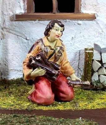 Produktbild von Hirte mit Holz Krippenfigur aus Polyresin, handbemalt. Zu 11 cm Krippenfiguren